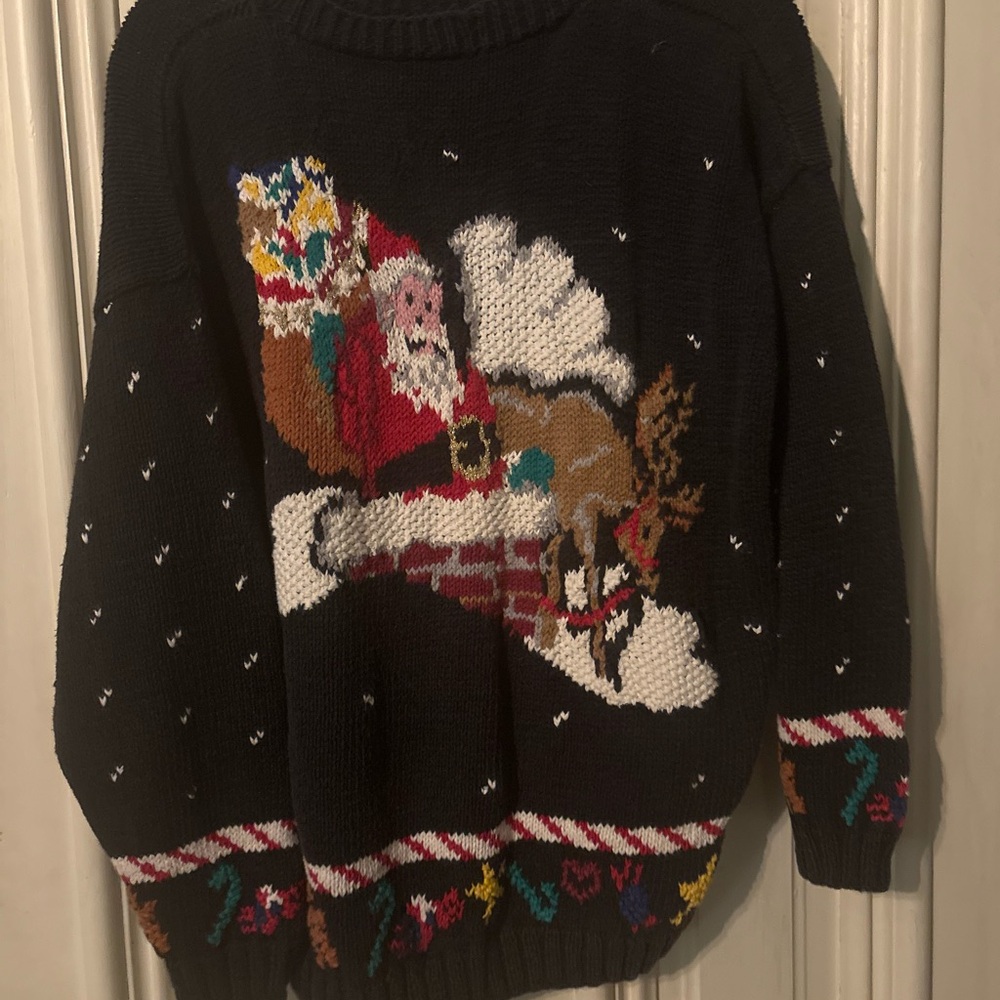 Festive Black Christmas Sweater with Santa and Reindeer